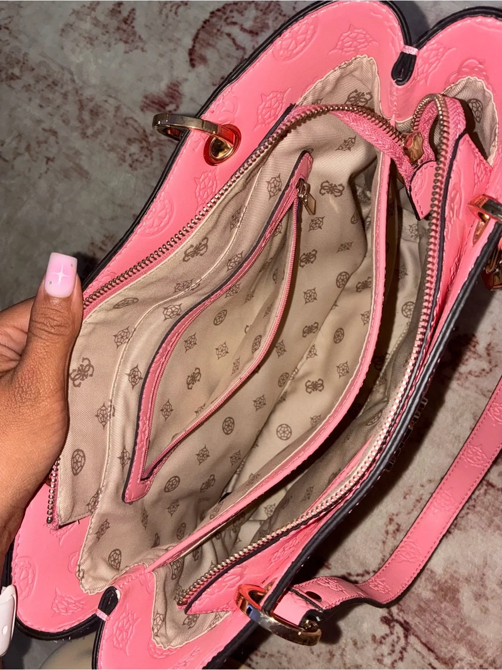 GUESS Pink Embossed Tote with Gold Accents